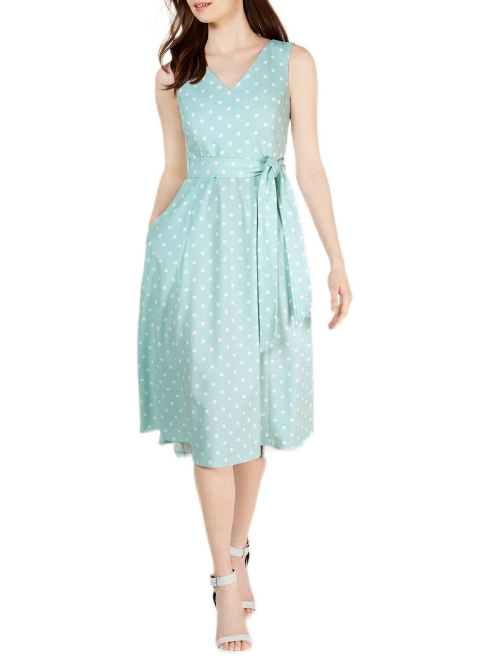 Calvin Klein Mint Green Polka Dot Maxi Dress with Waist Tie